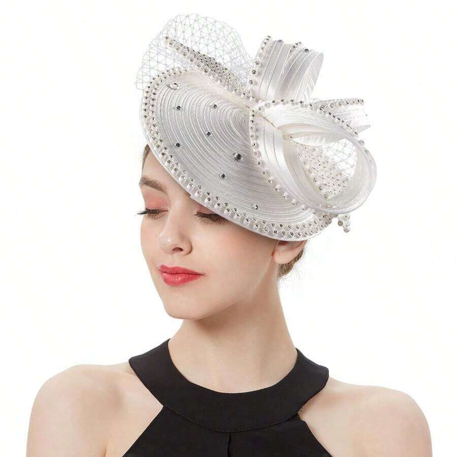 Women Fascinators Satin Veil Headband Church Hats Formal Dress Derby Hats Bridal Wedding Party With Rhinestones Elegant Fascinator Hats - 綠色 - 查看 1