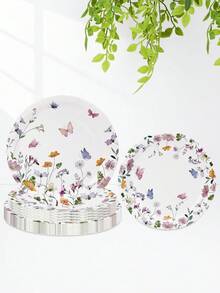 10pcs/20pcs/50pcs Wild Flower Themed Party Supplies, Wild Flower & Butterfly Pattern Paper Plates, Dessert Plates, Dinner Plates, Suitable For Spring Birthday Party, Wedding, Tea Party Decoration - View 3
