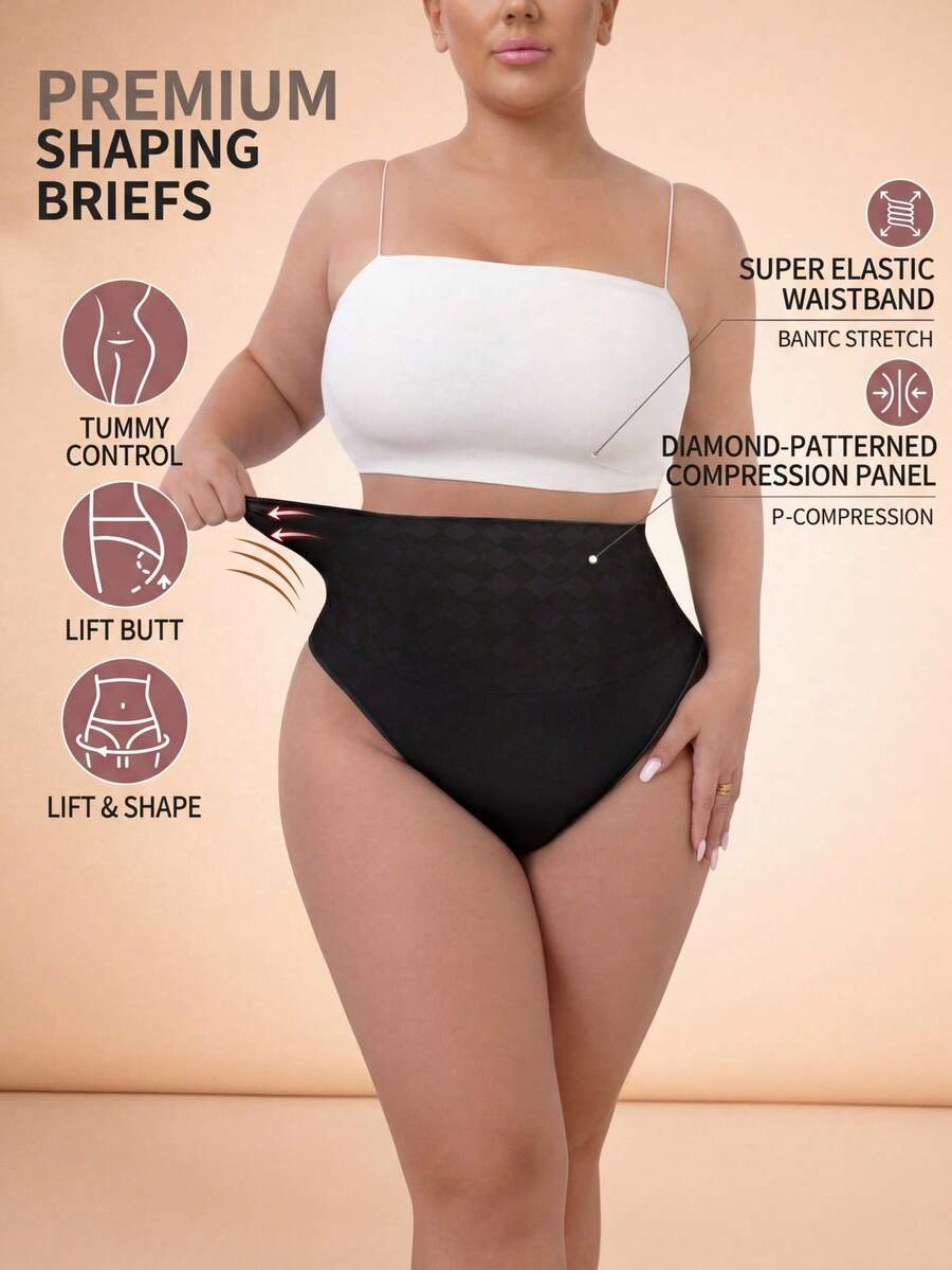 Cravure Plus Size Solid Color Elastic Minimalist Triangle Shapewear Briefs Panties, Casual Everyday - Black - View 1