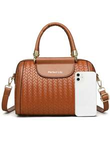 Bolso de mujer, bolso de hombro, PU cuero con relieve tejido de unicolor, minimalista, ligero, versátil - Marrón - Ver 3