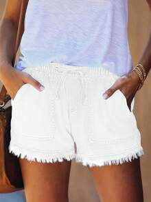 Women's Casual Elastic Waist Frayed Hem Denim Shorts White Summer - 白色 - 查看 5