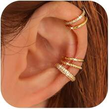 4件套夹式耳夹 - 适合无耳洞女性，可调节耳软骨耳环 - 金色 - 查看 3