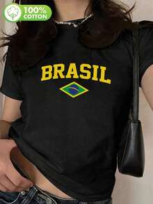 Women's Spring/Summer T-Shirt With Brazil Flag Graphic, Soft And Comfortable Casual Short-Sleeve Cotton T-Shirt, Sporty And Fashionable Top For National Pride. - 黑色 - 查看 2