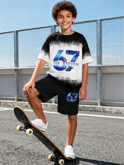 2pcs/Set Tween Boys' Street Cool Star Gradient Short Sleeve Top And Shorts, Black & White Ombre + Star Numeric Print, Personalized Catching, Dirt-Resistant, Skin-Friendly, Suitable For School, Casual Wear, Skateboarding