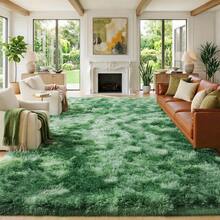 Soft Shaggy Area Rug For Living Room, Thick Fuzzy Rug For Bedroom, Modern Spring Decor Aesthetic, Upgrade Non-Slip Fluffy Carpet, Ideal Gift For Mother's Day Housewarming, Easter, Dry Clean Only, With 4 Carpet Stickers, Tie-Dye Dark Green - 紮染深綠 - 查看 3