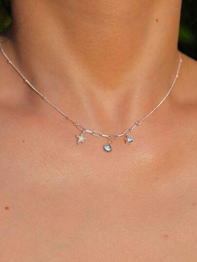 BALMORA 1 chiếc mặt dây chuyền hình sao biển và vỏ sò bằng bạc Sterling S925 đính đá Zirconia thời trang, thiết kế độc đáo, kiểu dây chuyền đeo xương quai xanh, thích hợp cho nữ giới, phong cách mùa hè, đi biển và nghỉ mát.