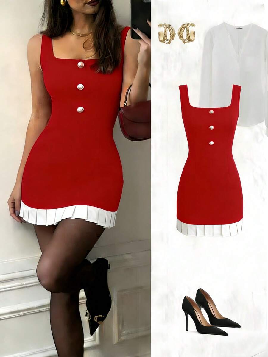 GOODAA Vestido informal con botones delanteros, tirantes anchos y parchwork en blanco y negro para mujer - Rojo - Ver 1