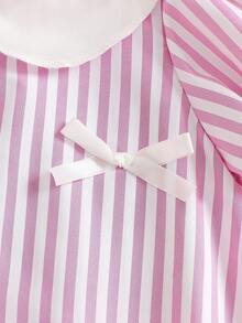 New Girls' Pink And White Striped Peter Pan Collar Puff Sleeve Shirt Dress With Bow Details, Summer Casual Dress - Baby Pink - View 6