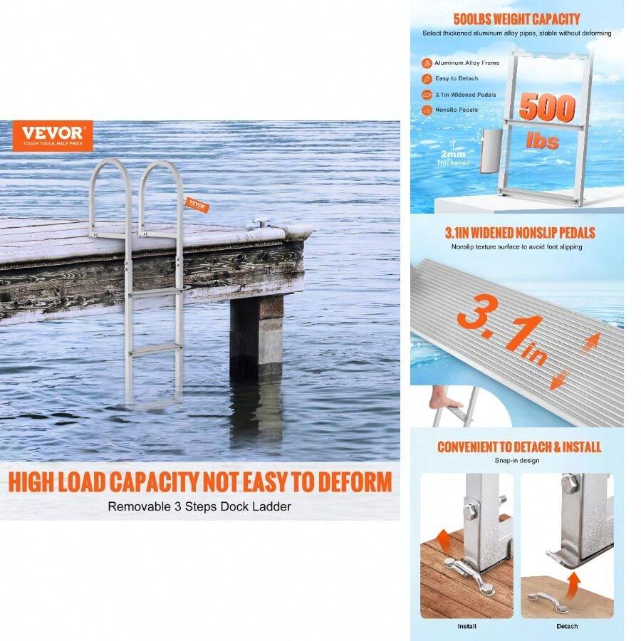 Dock Ladder, Removable 3 Steps, 500 Lbs Load Capacity, Aluminum Alloy Pontoon Boat Ladder With 3.1'' Wide Step Nonslip Rubber Easy To Install Ship/Lake/Pool/Marine Boarding - 3 Steps - View 1