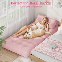 Folding Lazy Sofa Bed, Convertible Sleeper Chair With Pillow Foldable Mattress With Pink Support, Portable Fold Out Chair Bed Comfy Floor Sofa Lounge For Living Room Bedroom, Pink, Single - 粉色 - 查看 3