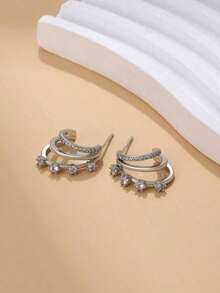Cubic Zirconia Decor Stud Earrings - 銀色 - 查看 3