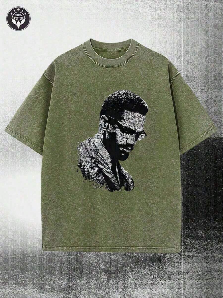 2026 Summer TopsWashed, Malcolm X Black And White Portrait Pattern Printed T-Shirt, Spring And Summer Casual Men's T-Shirt, Round Neck Cotton Short-Sleeved T-Shirt, Thanksgiving Christmas Gift.Loose And Comfortableshirts Women's  Vintage Washed Short Sleeve Crew Neck T-Shirt Loose Comfortable Breathable Top - 軍綠色 - 查看 1