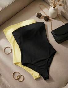 Set Of 2 Strapless Sleeveless Basic Casual Versatile Bodysuits In Spandex Fabric With Padded Cups For Everyday Use - Đen và vàng - Xem 2