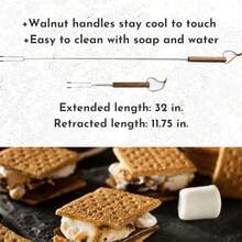 Smores Sticks Set of 6 Marshmallow Sticks for Fire Pit Stainless Steel w/Walnut Handles Smore Sticks for Marshmallow Roasting Sticks Smore Sticks for Fire Pit Smores Sticks for Fire Pit Long - Natural - Ver 4
