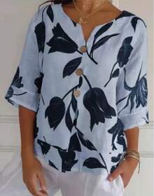 2026 New Printed Cotton-Linen V-Neck Short-Sleeve Pullover Shirt, Summer Outfits For Women - 黃色 - 查看 8