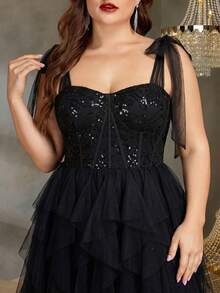 BluePlum Plus Size Layered Mesh Ruffle One-Shoulder Pleated Sequin Patchwork Herringbone Vintage Formal Gown Black Wedding Party - Black - View 6