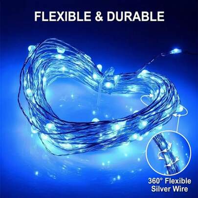 1 pièce 1/2/3/5/10m, 10/20/30/50/100 LED Guirlande lumineuse en fil de cuivre bleu, alimentée par batterie, décoration intérieure en fil de cuivre, guirlande lumineuse de fée en étoile pour les fêtes, lampe de chevet décorative murale pour chambre à coucher, utilisée pour la décoration de la maison, de la chambre, des fêtes, des mariages et des vacances