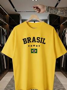Unisex T-Shirt Supporting The Brazilian National Football Team, Green And Yellow, Short Sleeve, Men's And Women's, 100% Cotton, Casual, Crew Neck - 黃色 - 查看 1