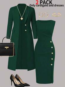 Women's Elegant 2-Piece Set For Autumn/Winter: Solid Color Long Sleeve Cardigan Blazer Jacket + Sleeveless Button-Down Midi Dress Spring - Dark Green 31 - View 2