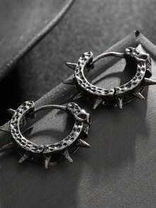 1 Pair Vintage Gothic Style Skull Rivet Hoop Earrings, Suitable For Men And Women, Hip-Hop Street Style Round Earrings With Asymmetrical Dimple Design, Rock Punk Style - Fashion - View 3