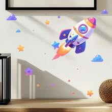 1pc Glow-In-The-Dark Blue Cosmic Element Rocket & Star Wall Sticker, Condensing A Starry Sky And Aerospace Exploration Story On The Wall. Made Of PVC Material With Moderate Adhesiveness And No Residual Glue Marks - A - View 6