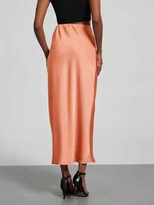 Jupe longue en satin à taille élastique pour femmes, style mode toutes saisons, printemps - Orange clair - Voir 9
