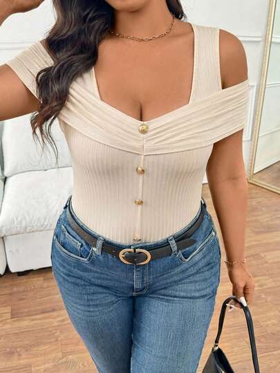 Bộ jumpsuit nữ cỡ lớn PARARAL mùa hè, màu trơn đơn giản, kiểu trễ vai, xếp ly, đính cúc kim loại, thích hợp mặc đi làm hàng ngày. Trang phục mùa hè cho nữ, áo đi chơi cho nữ, trang phục thanh lịch cho nữ, trang phục đi nghỉ mát cho nữ, trang phục thường ngày cho nữ.