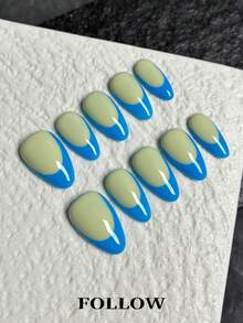 10 Stück handgemachte Acryl Nagel Aufkleber, kurze mandelförmige Nägel, blau & grün Farben, INS Stil französische Spitzen, handbemalte süße Nägel, erschwingliches Nagel-Kunst-Zubehör, wiederverwendbarer Nagel Aufkleber Set mit Werkzeugen, geeignet für Sommer, Frühling, Alltag, Party, Büro, Geschenk - Königsblau - Übersicht 4