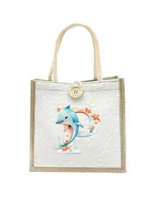1pc Linen Handbag With Cute Dolphin Letters A-Z, Ditsy Floral Linen Button Decorative Handbag, Portable Travel Beach Handbag, Swimming Gear Storage, Button Embellished Handbag, Simple Large Capacity Handbag, Portable Casual Storage Handbag, Multifunctional Shopping Bag, Gifts For Family, Friends, Loved Ones, And Teachers, Unique Birthday Gifts, Holiday Gifts, Party Gifts, Mother's Day Gifts, Wedding Gifts, Back-To-School Gifts - Multicolor - View 17