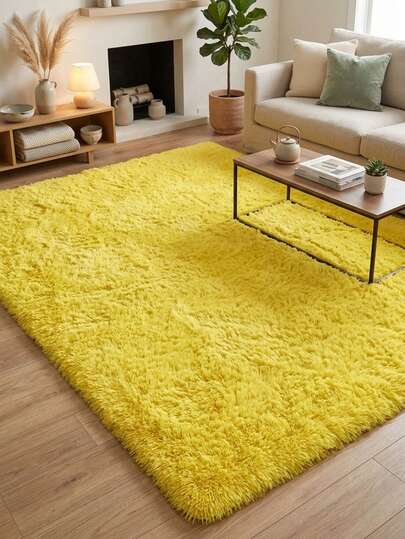 1 pieza Alfombra rectangular esponjosa amarilla de peluche, suave y cómoda, estilo Ins, adecuada para sala de estar, cocina, dormitorio, baño
