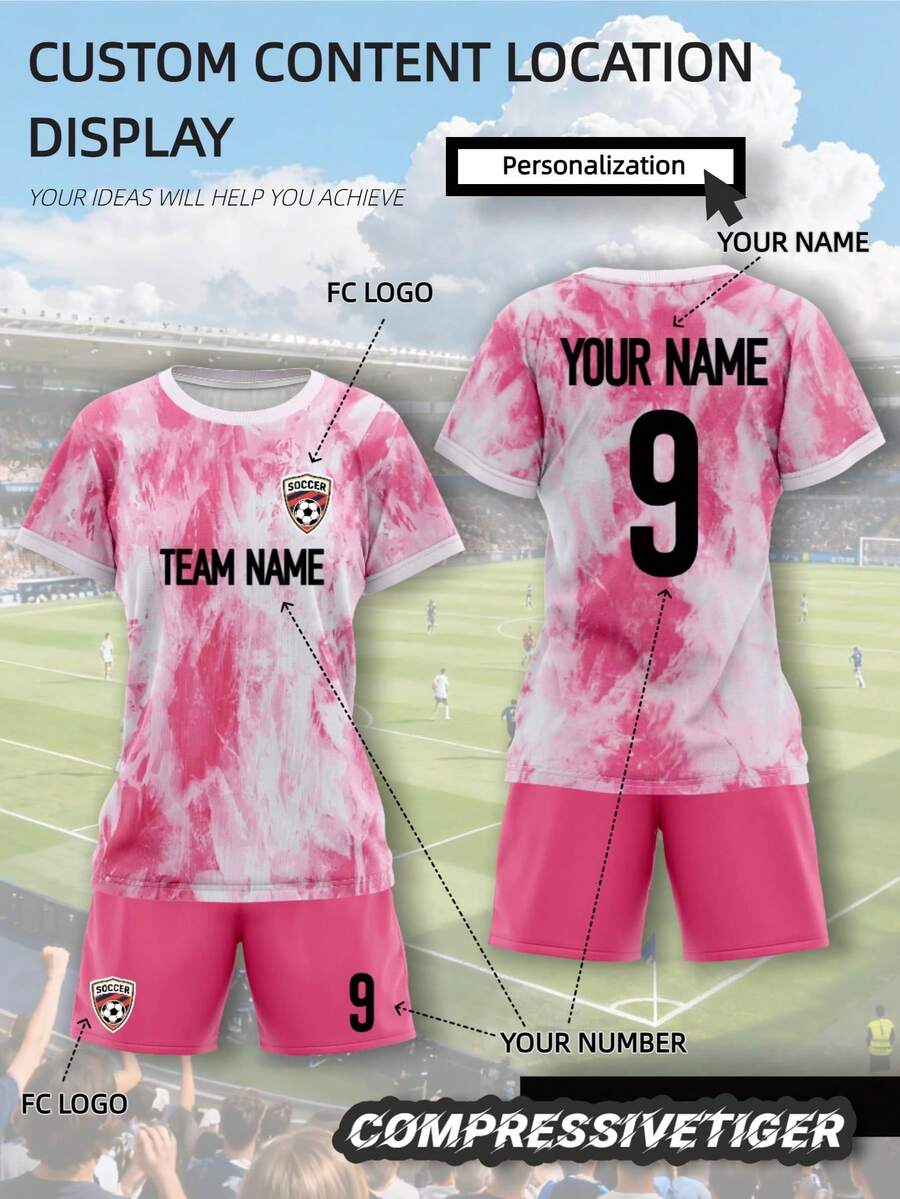 2 pièces Ensemble de maillot de football rose personnalisé, personnalisé avec nom et numéro, tissu respirant haute performance pour les matchs, image d'équipe sportive personnalisée - Rose bonbon - Voir 1