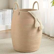 1pc Bohemian Style Laundry Basket, Large Woven Clothes Basket, 22 Inches Tall, With Extended Handle, Handwoven Storage Basket, Suitable For Bedroom And Bathroom, Foldable, Fabric Material, Open Design, Storage Basket For Blankets, Toys, Pillows, Towels And Baby Items. - Multicolor - View 7