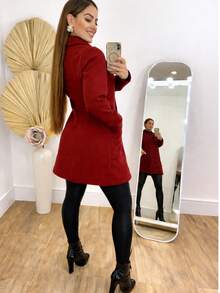 Women's Long-Sleeved Woolen Jacket/Coat For Winter, Fashion Blogger, Buttons, Overcoat - Red - View 2