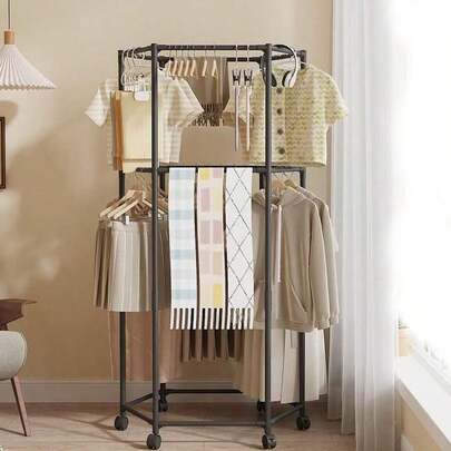 Portable Hexagon Drying Rack On Wheels, Multi-Tier Hanging Storage Clothes Coats Garments - Home Laundry Room & Balcony