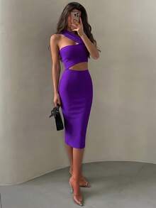 Đầm midi ôm sát không tay khoét eo mùa hè, màu tím thanh lịch, thích hợp cho tiệc cocktail hoặc dạ hội. - Màu tím - Xem 7