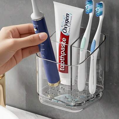 1个透明牙刷架，分格壁挂式收纳架，创意免打孔浴室收纳架，可存放牙刷、梳子和剃须刀，家居浴室装饰