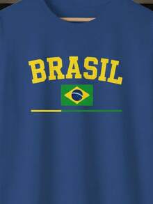 Unisex T-Shirt Supporting The Brazilian National Football Team, Flag, Stripes, Short Sleeve, Men's And Women's, 100% Cotton, Casual, Crew Neck - 寶藍色 - 查看 2