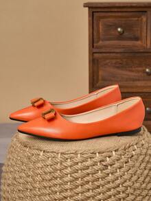 WHDXY 女士法式平底鞋，尖头蝴蝶结套脚鞋，百搭黑色复古乐福鞋，舒适休闲鞋 - 亮橙色 - 查看 2