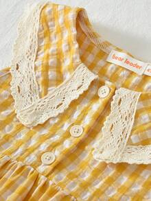 bearleader 2pcs/Set Girls' Cute Plaid Print Woven Fabric Lace Trim Camisole And Shorts Set, Summer Outfit - Yellow - View 3