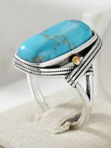 Handmade Wide Vintage Bohemian Style Artificial Turquoise Ring, Suitable For Women, Casual, Vacation Or Wedding Accessory, Unique Style Women's Jewelry - Silver - View 11