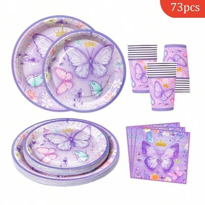 Bộ đồ dùng tiệc dùng một lần hình vương miện bướm tím gồm đĩa, khăn ăn và cốc, phù hợp cho 16 khách, thích hợp cho sinh nhật, đám cưới, tiệc theo chủ đề, dã ngoại gia đình.