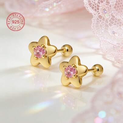 Artepollo 1pc 925 Sterling Silver Hypoallergenic Cute Star Stud Earrings, Inlaid With Pink Cubic Zirconia, Adorable & Playful, Gift Box Packaging, Suitable For Daily Wear Or Holidays, Gift For Girls, Friends, Birthday, Christmas, New Year