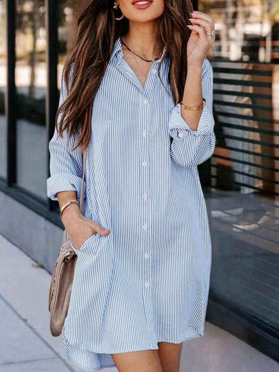 Women's Striped Classic Long Sleeve Shirt, Fitted Collared Blouse, Casual Office Wear With Pockets Spring - Light Wash - View 1
