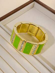 1Pc Acrylic Resin Tile Stretch Bracelet For Women, Colorful Rectangle Block Beads With Clear Rhinestone Decor & Gold Tone Frame, Y2K Statement Stackable Wrist Jewelry, Aesthetic Summer Vacation Party Accessories - Multiple Colors Of Square Patterns - View 17