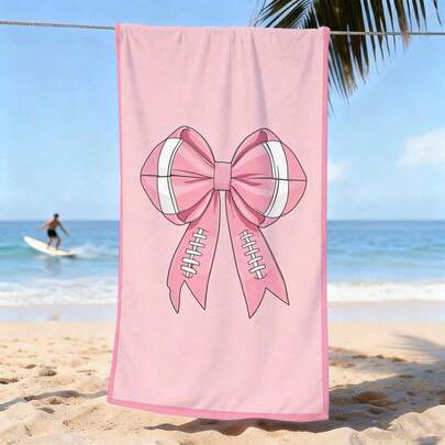 1条粉色橄榄球蝴蝶结运动风沙滩巾，印花超细纤维沙滩毯，多种尺寸可选，轻便，适合游泳、露营、运动、海滩或健身房使用。