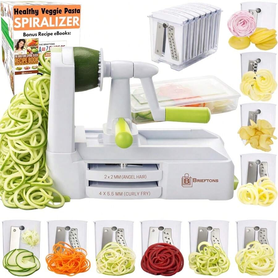 10-Blade Vegetable Spiralizer: Zucchini Spiral Slicer & Veggie Noodle Maker, Japanese Steel Blades, Catch Container, Strong Suction Cup, Blade Caddy, 4 EBooks| Low Carb, Vegan, Gluten-Free - 白色(5 片刀片) - 查看 1