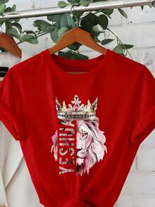 Women's T-Shirt With Lion King Crown And Lioness Pattern - Beige With Pink And Gold Letters, Short Sleeve Round Neck Casual Spring Summer Top, Christi - 紅色 - 查看 10