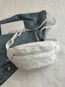 1 chiếc túi đeo chéo ren móc, túi đeo hông thêu hoa màu trắng, túi đeo ngực thường ngày dành cho nữ. - trắng - Xem 9