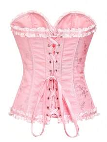 Áo croptop quây buộc dây hở lưng bằng vải jacquard dành cho nữ, thích hợp cho tiệc năm mới, ngày Valentine, lễ hội, áo corset, lễ tốt nghiệp, màu hồng mùa hè. - Hồng - Xem 2