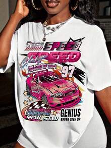 Women's Y2K Racing Graphic T-Shirt, Retro Speed Text Print, Loose Fit Streetwear Top, Short Sleeve Summer Casual Tee, Motorcycle Inspired Fashion - 白色 - 查看 5